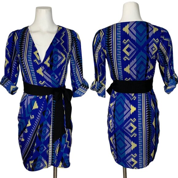 Yumi Kim Faux Wrap Dress XS Blue Aztec Roll Tab Sleeve Mini Tie Waist V-Neck - Picture 1 of 12
